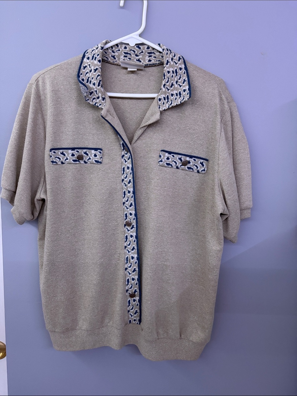 Alfred Dunner Beige Short-Sleeve Sweater with Blue Trim